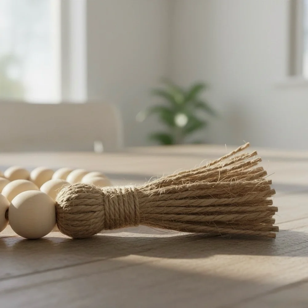 Handmade Wood Bead Garland | 58” Boho Farmhouse Tassel Decor | Gift Ready - Picture 8 of 16